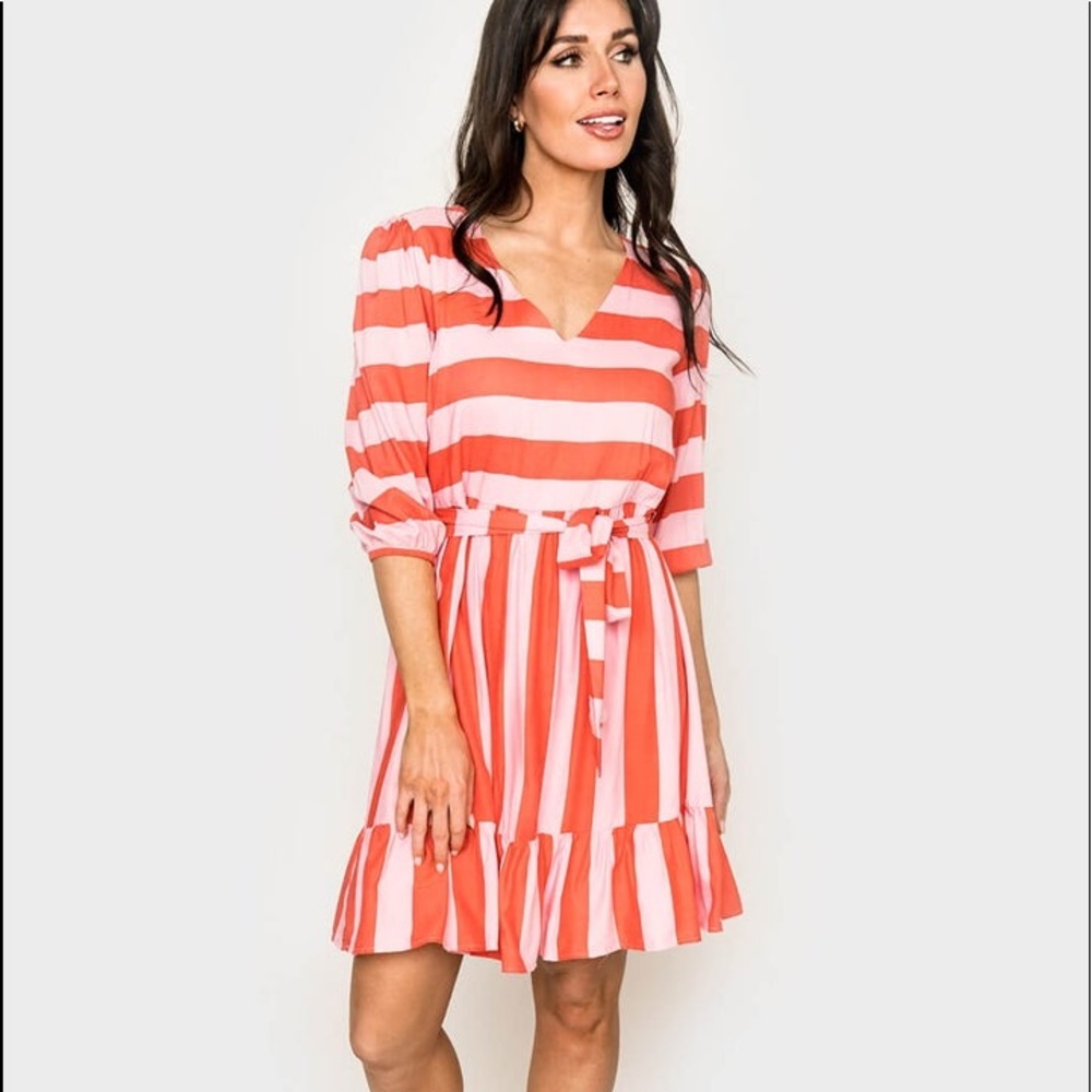 Coral and Light Pink Striped V-Neck Belted Midi Dress